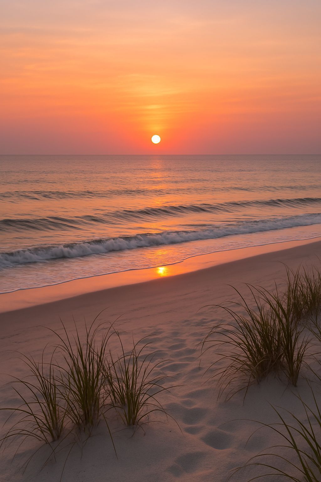 Sunset over Amelia Island beach with soft waves and dune grass, ideal for a peaceful weekday stay near Beach 5 Villas.