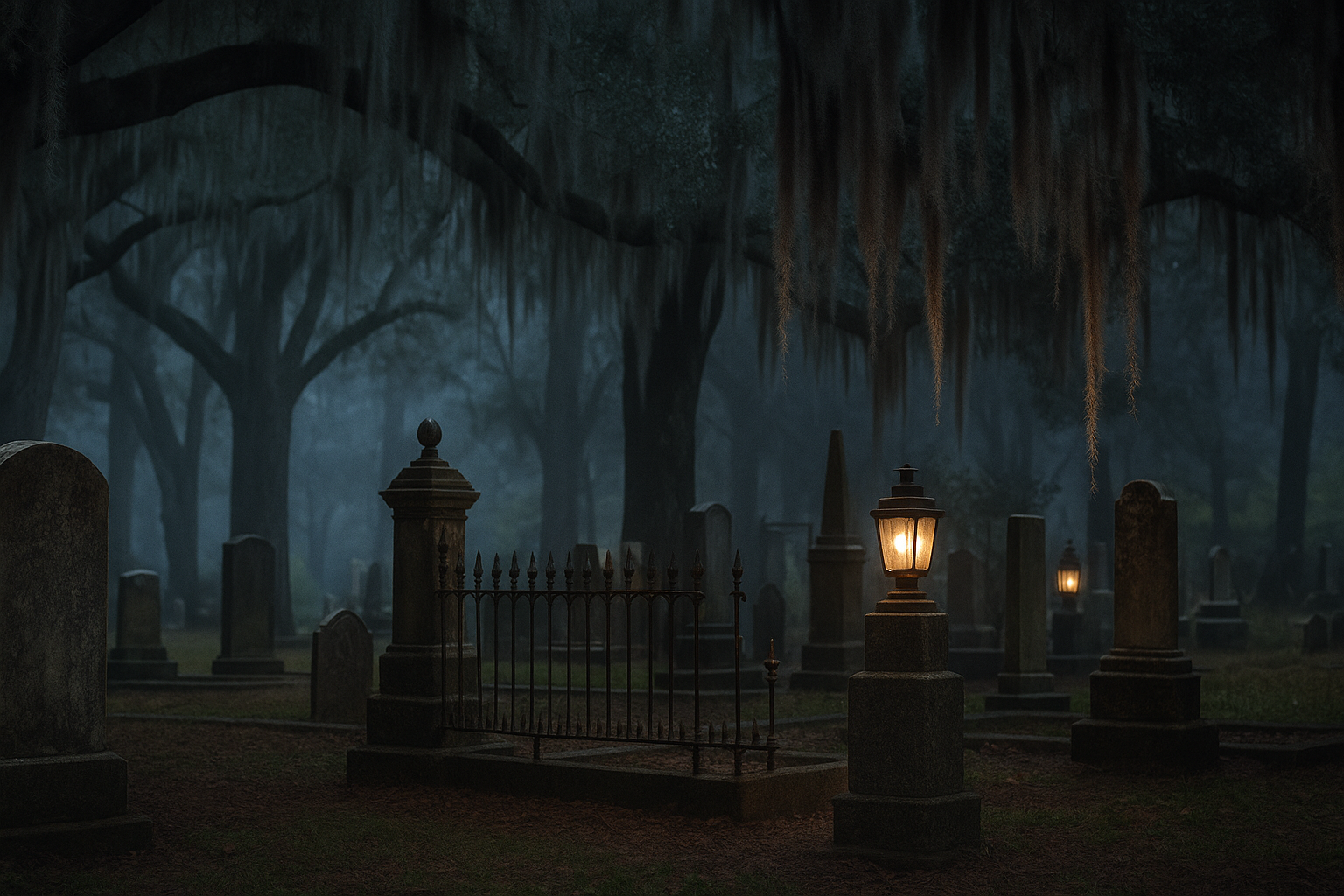 eerie view of Amelia Island cemetery at dusk