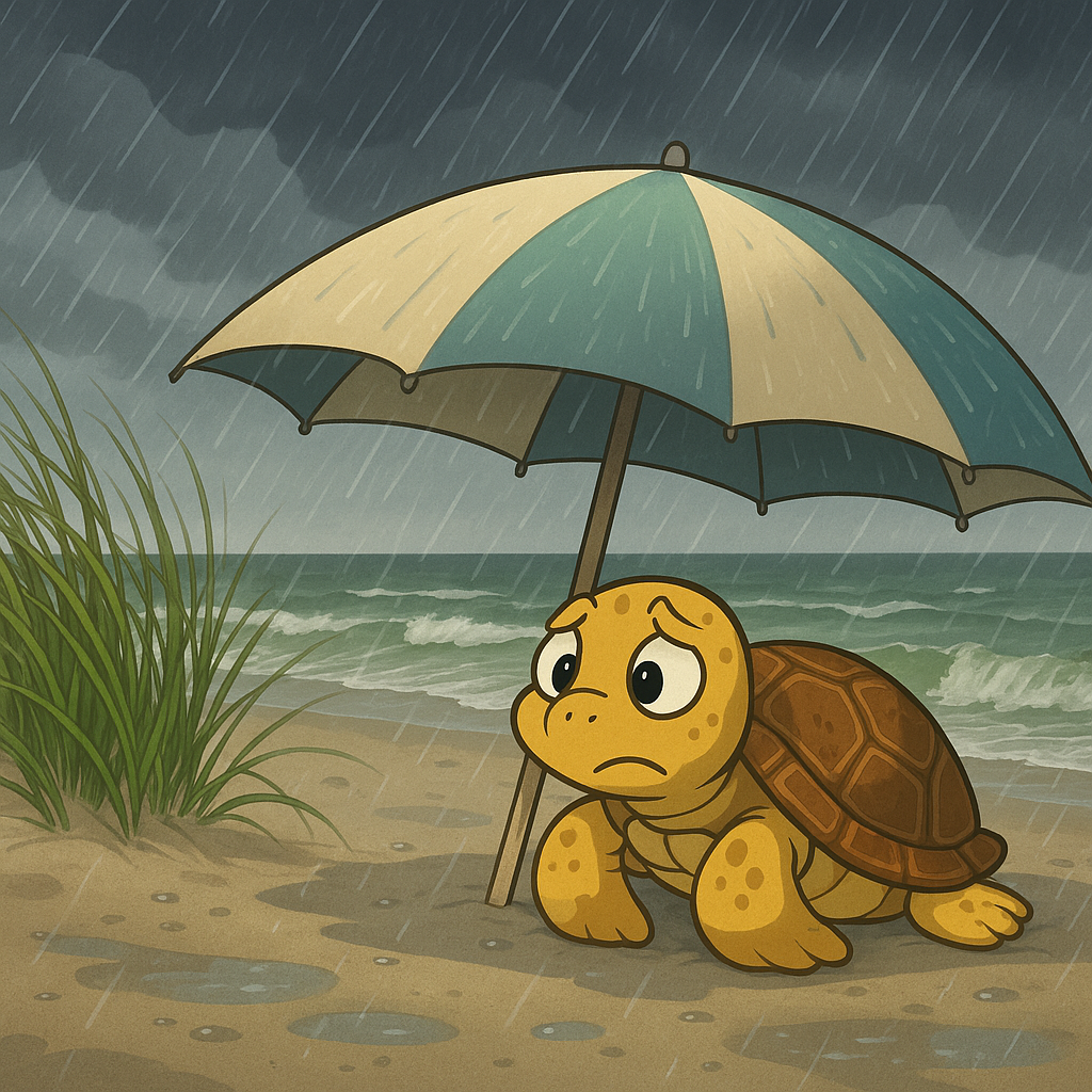 A vibrant coastal view of Amelia Island during a magical lightning storm, with a cartoon sea turtle 