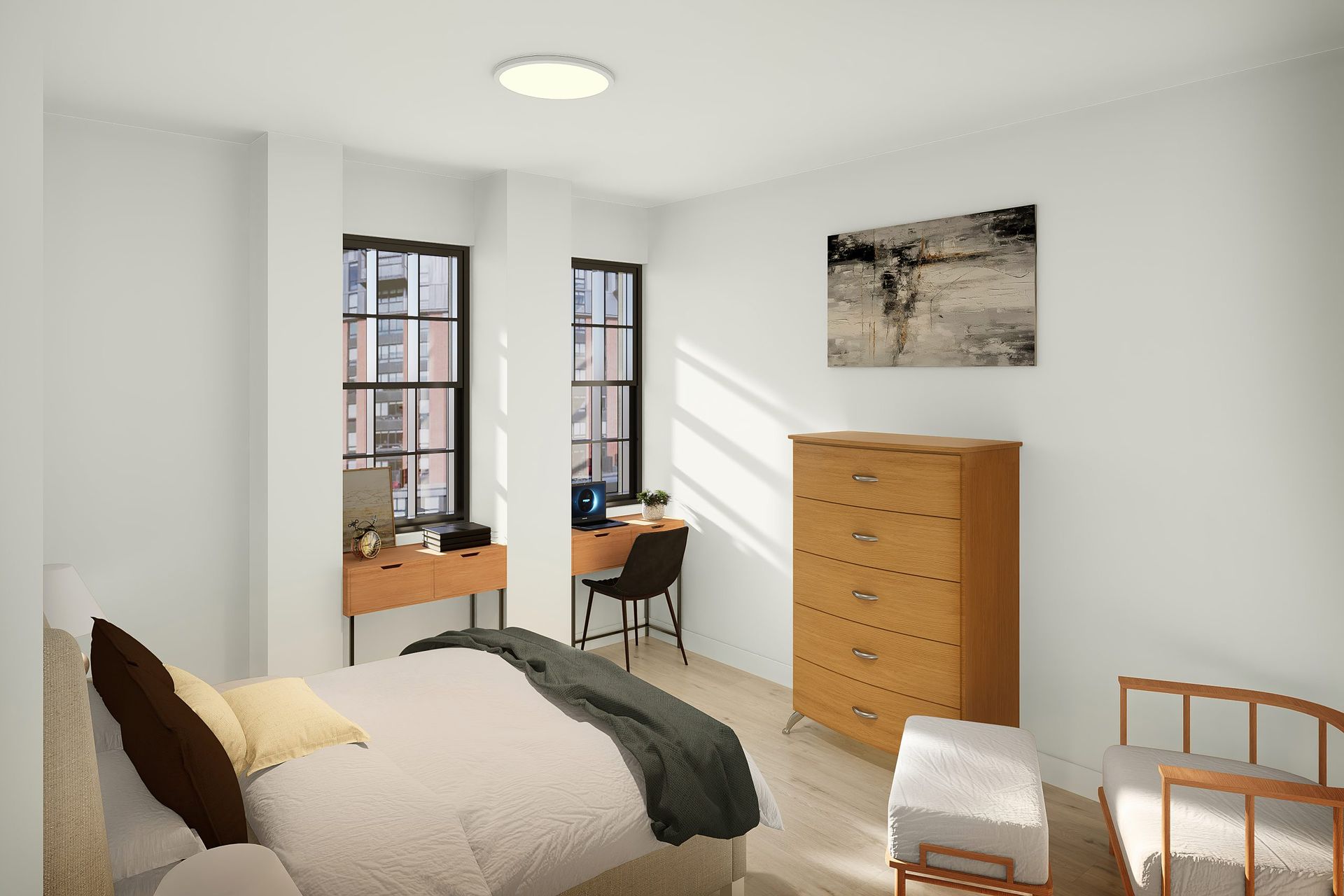 An artist 's impression of a bedroom with a bed and dresser
