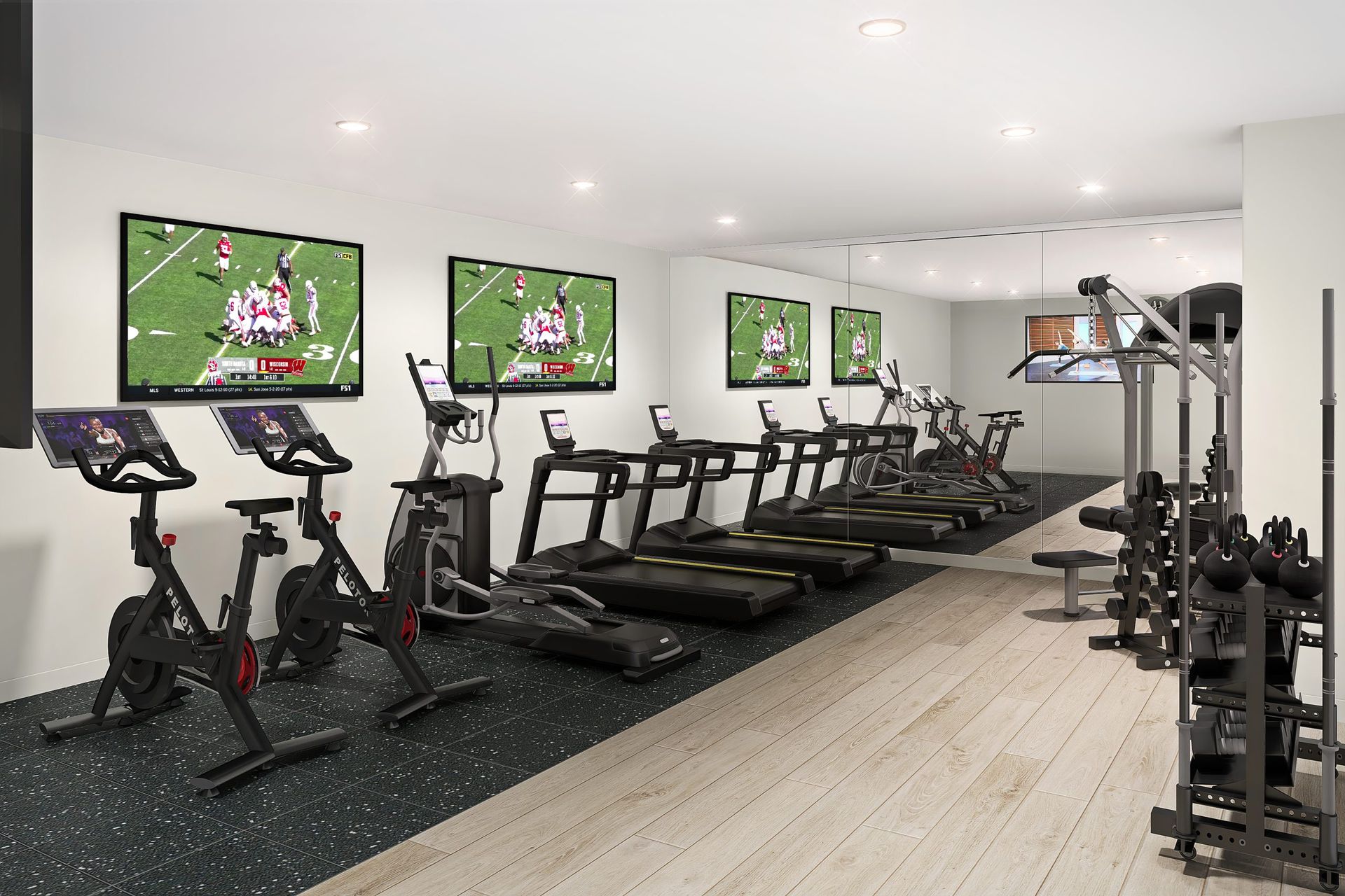 An artist 's impression of a gym with treadmills , bikes , and televisions.