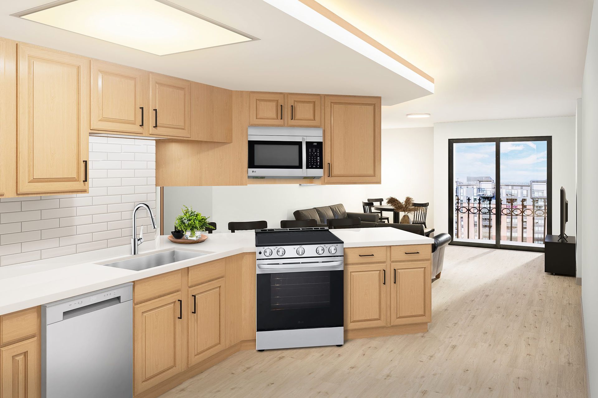 A kitchen with stainless steel appliances and wooden cabinets