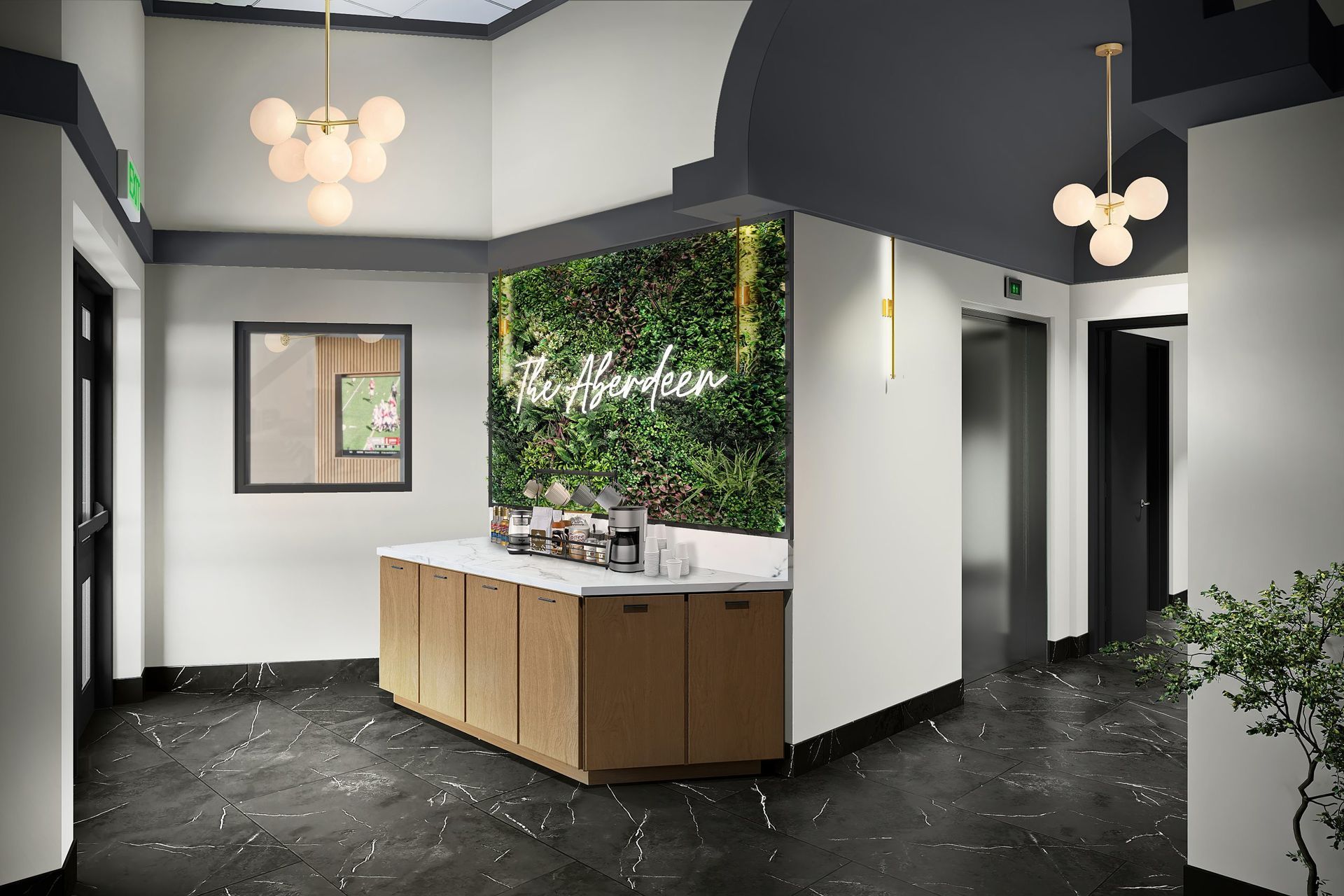 An artist 's impression of a lobby with a green wall and a counter.
