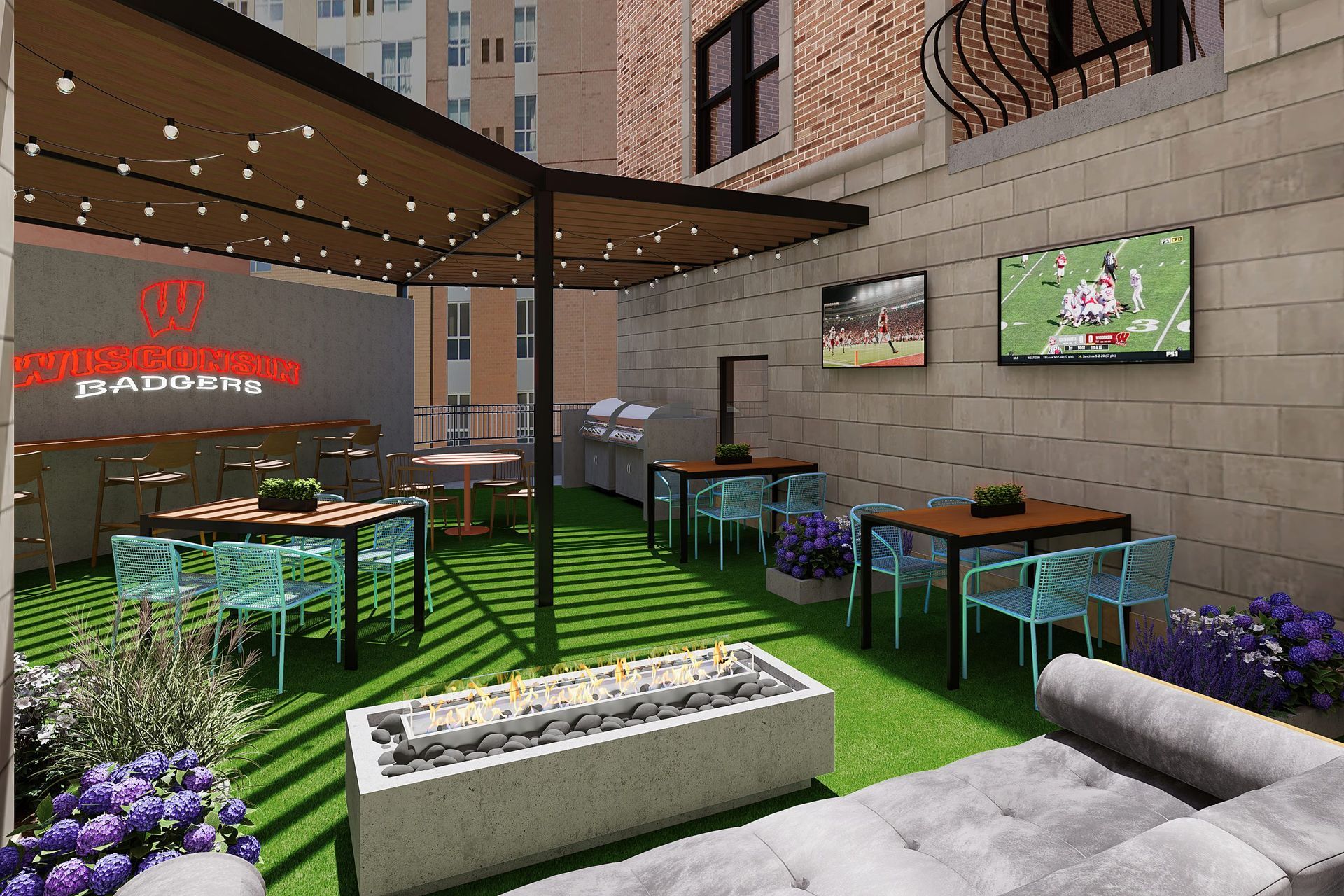 A rendering of a patio area with tables and chairs and a fire pit.