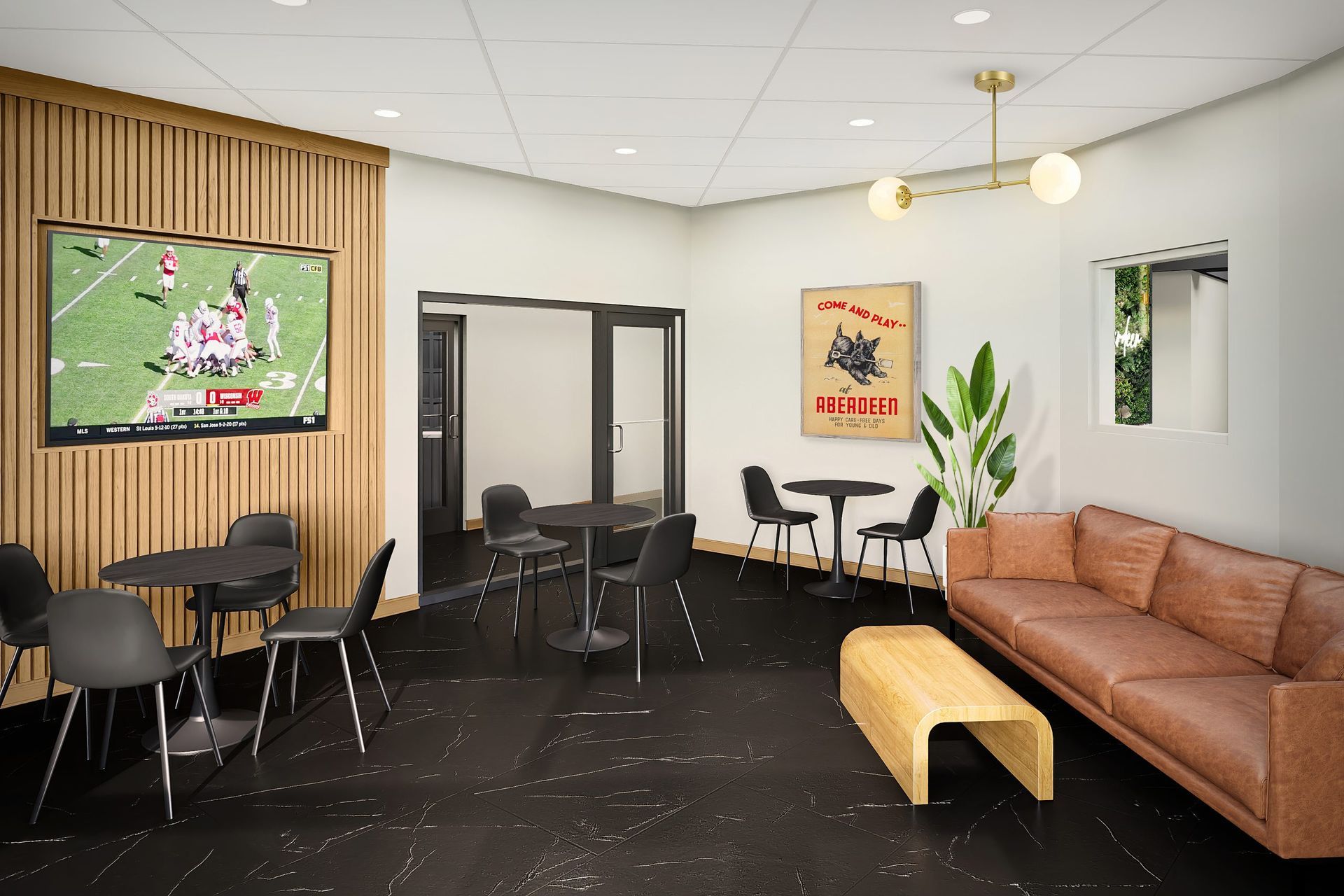 An artist 's impression of a living room with a couch , tables and chairs.
