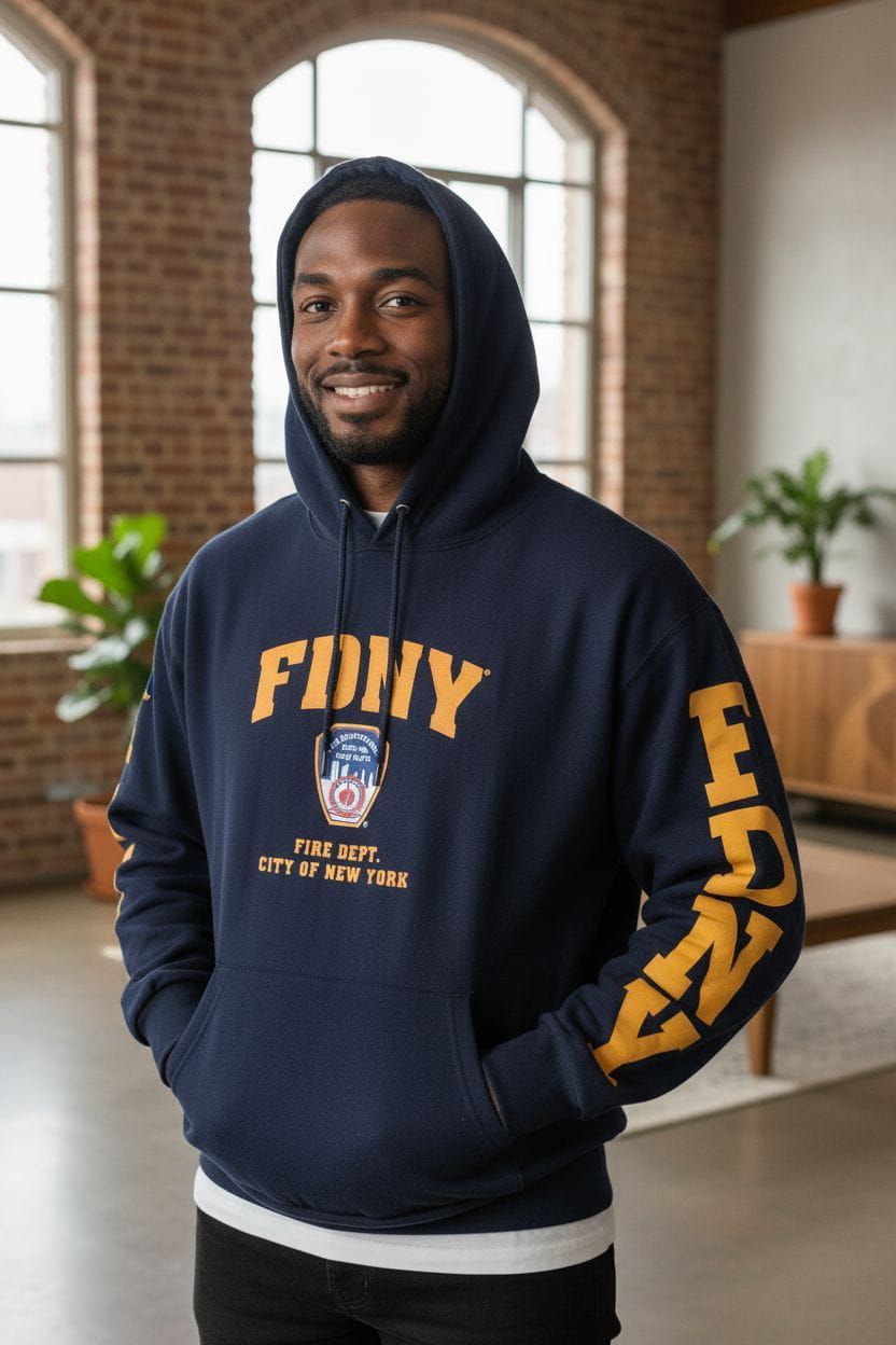 Un hombre que viste una sudadera con capucha azul del FDNY