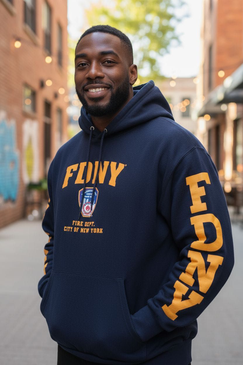 Un hombre que viste una sudadera con capucha azul del FDNY