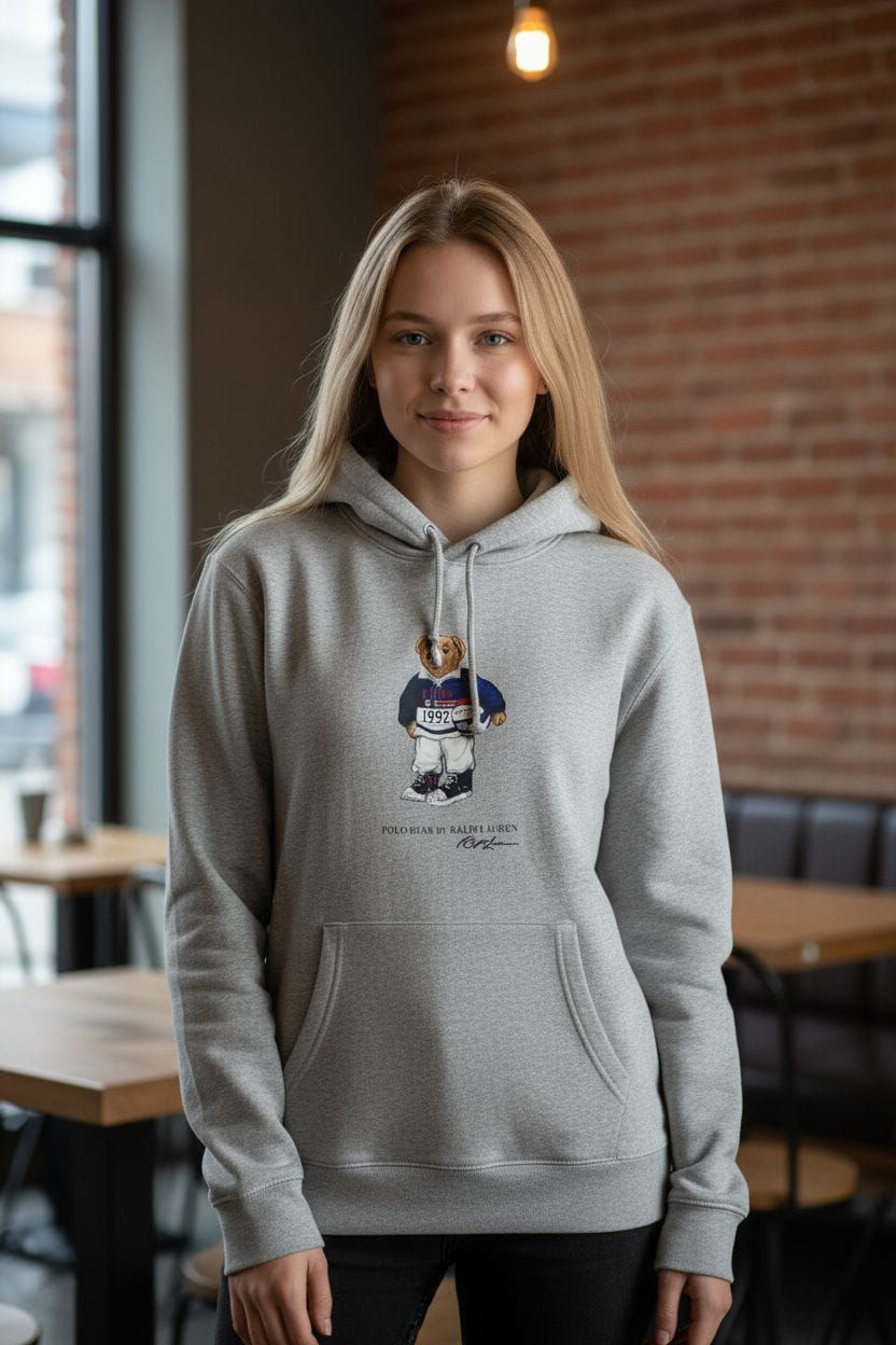 Mujer que viste una sudadera con capucha gris con un diseño de osito de peluche