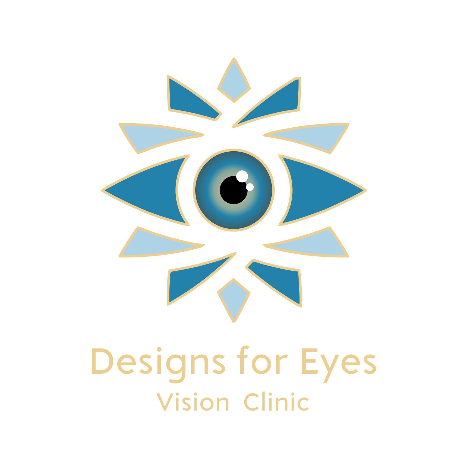 The logo for designs for eyes vision center shows a blue eye.