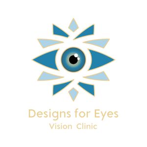 The logo for designs for eyes vision center shows a blue eye.