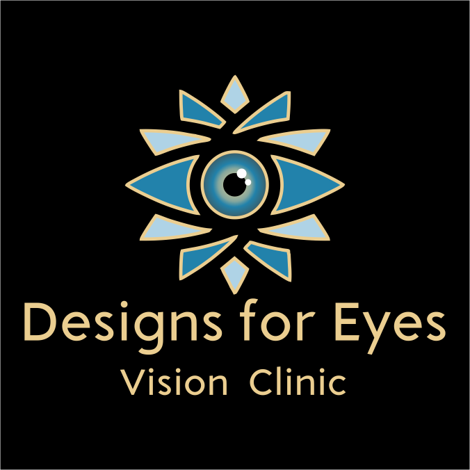 The logo for designs for eyes vision center shows a blue eye.