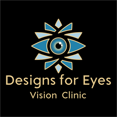 The logo for designs for eyes vision center shows a blue eye.