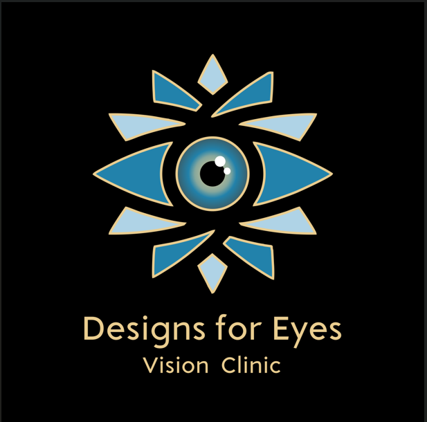 The logo for designs for eyes vision center shows a blue eye.