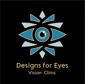 The logo for designs for eyes vision center shows a blue eye.