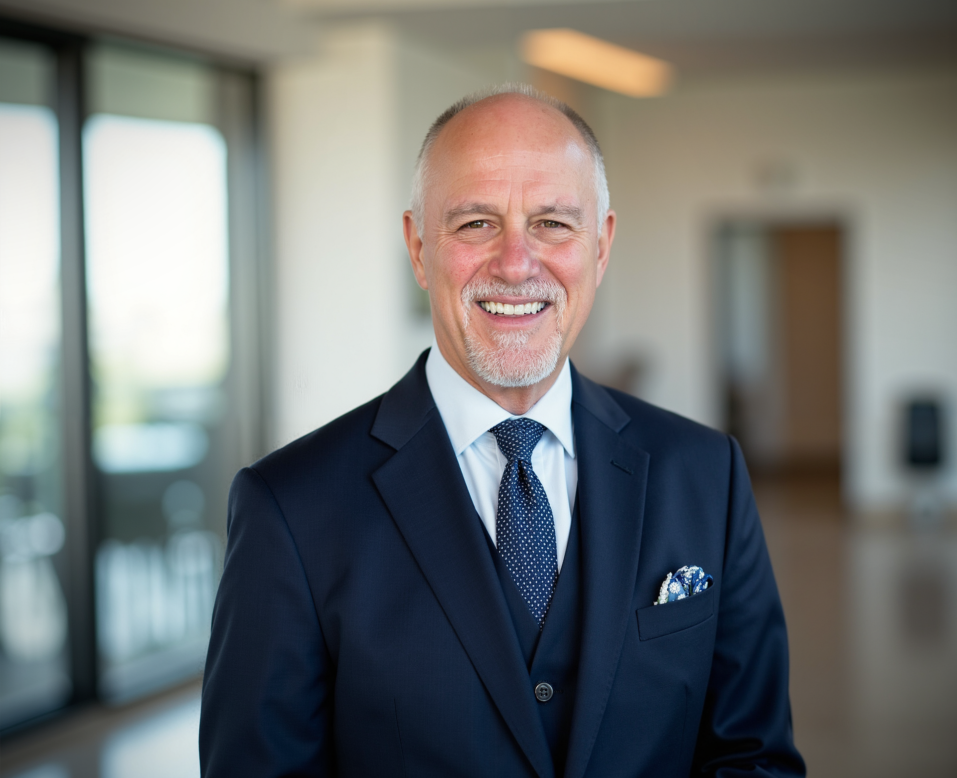 Man in a suit smiles, standing in a bright hallway.