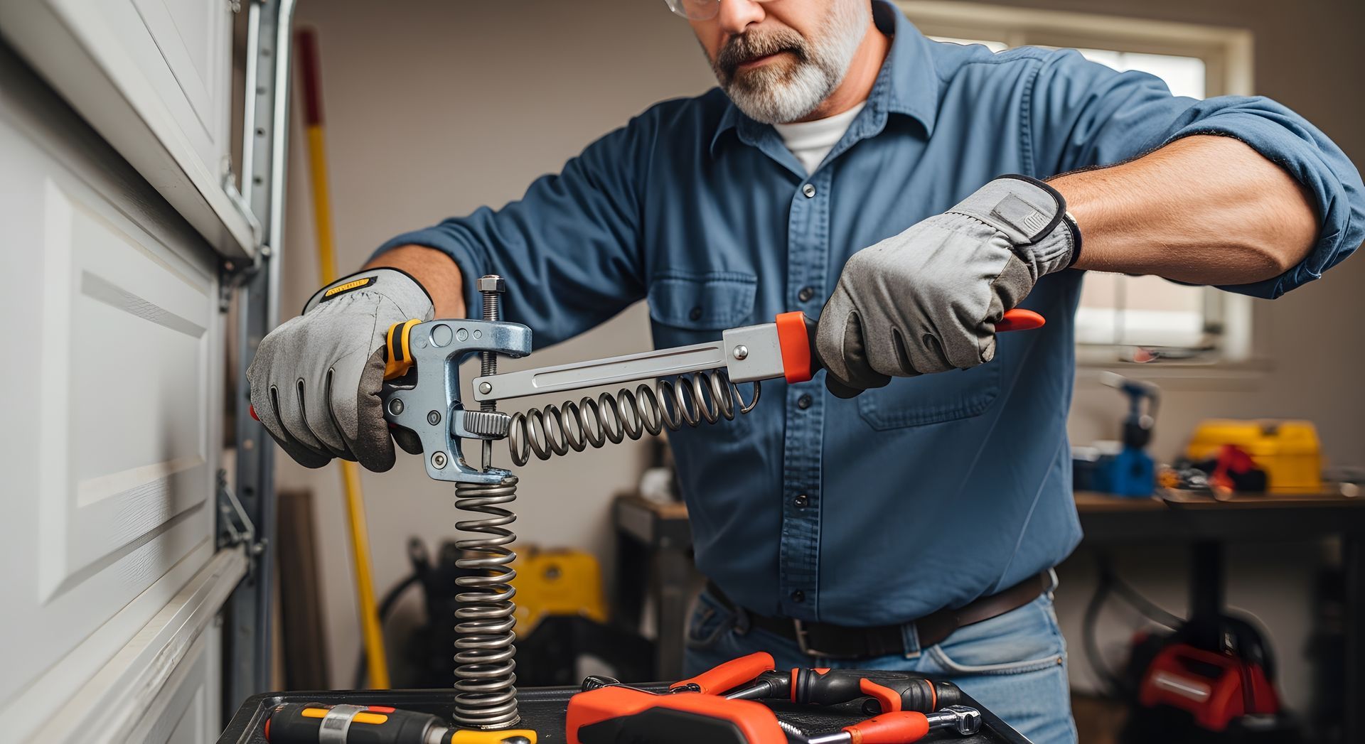 Technician repairing garage door spring indoors using tools for garage door repair services.
