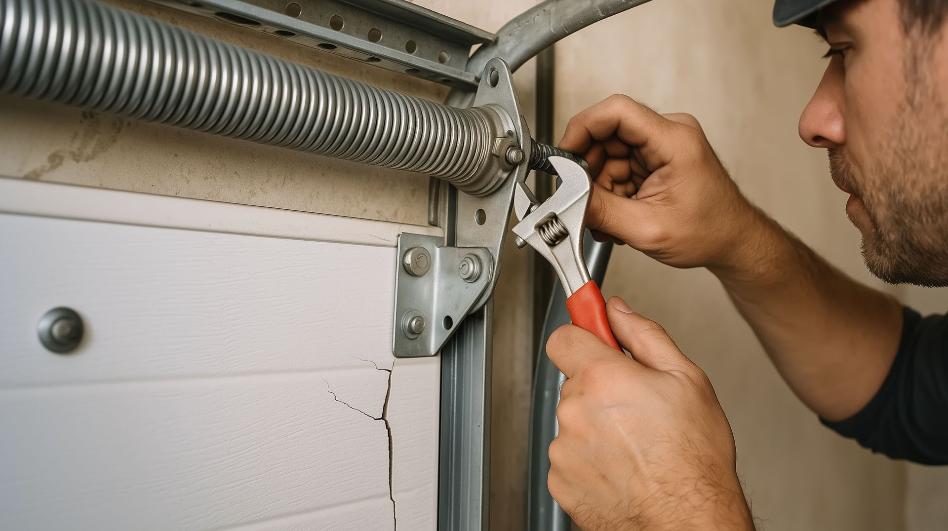 Technician performing spring repair on residential garage as part of garage door repair services. Technician performing spring repair on residential garage as part of garage door repair services.