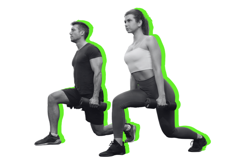 A man and a woman are doing lunges with dumbbells.