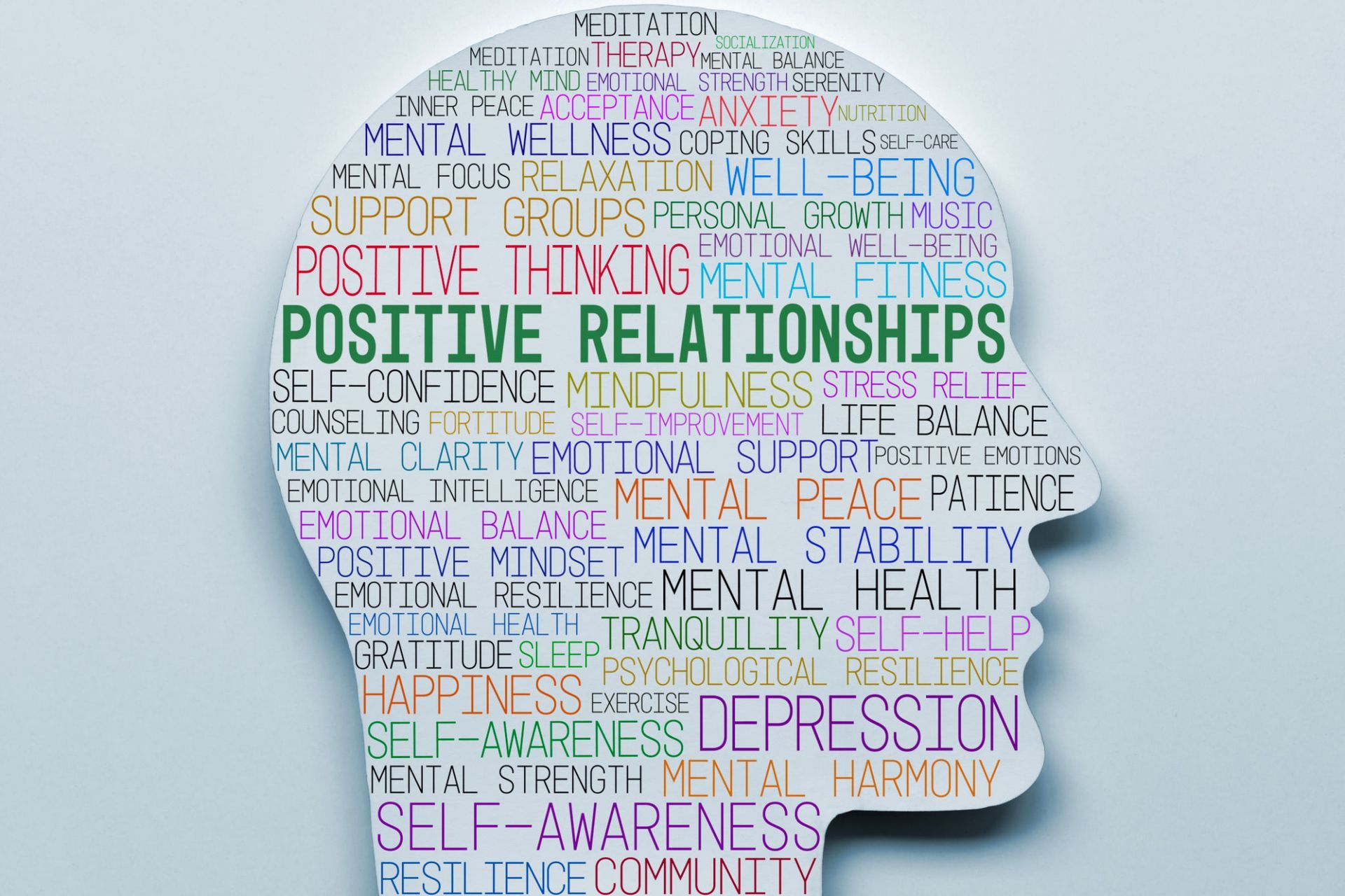 A silhouette of a person 's head made up of positive relationships words
