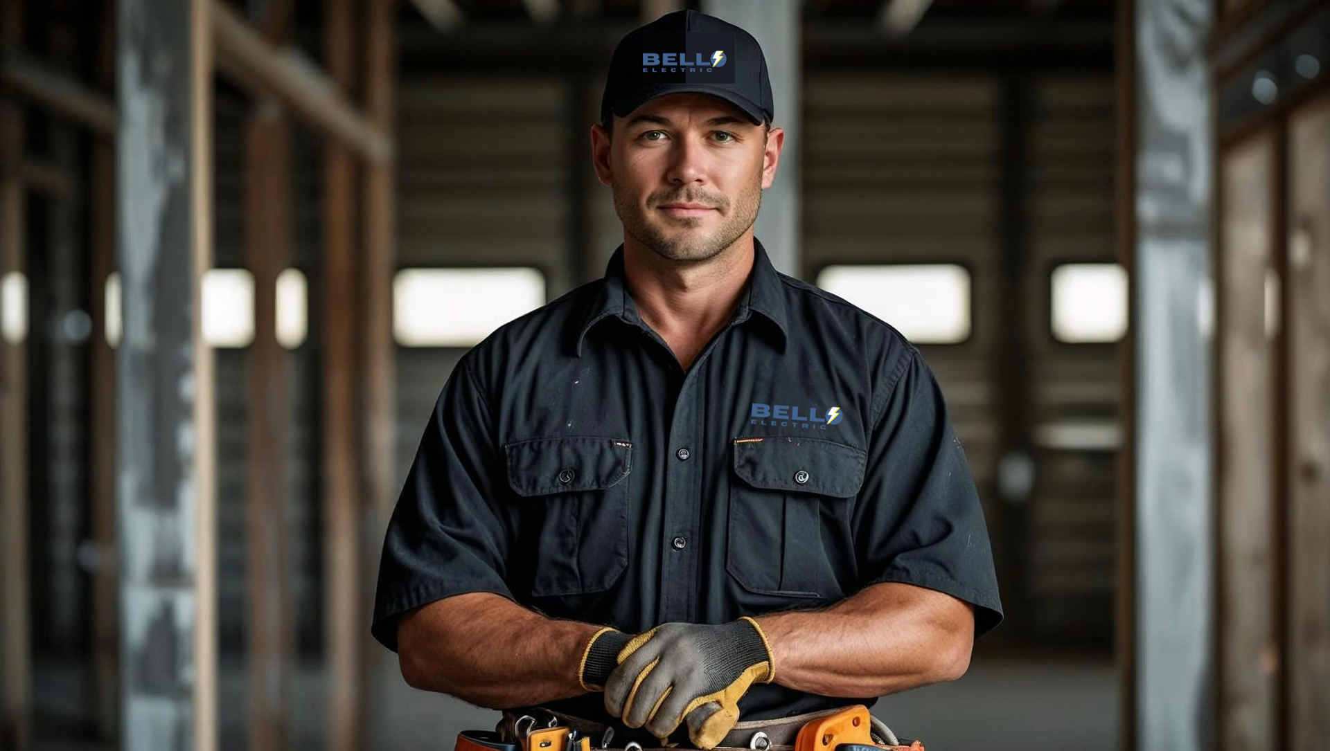 Man in black work shirt and cap in front of unfinished building. He wears gloves, arms crossed, looking at the camera.