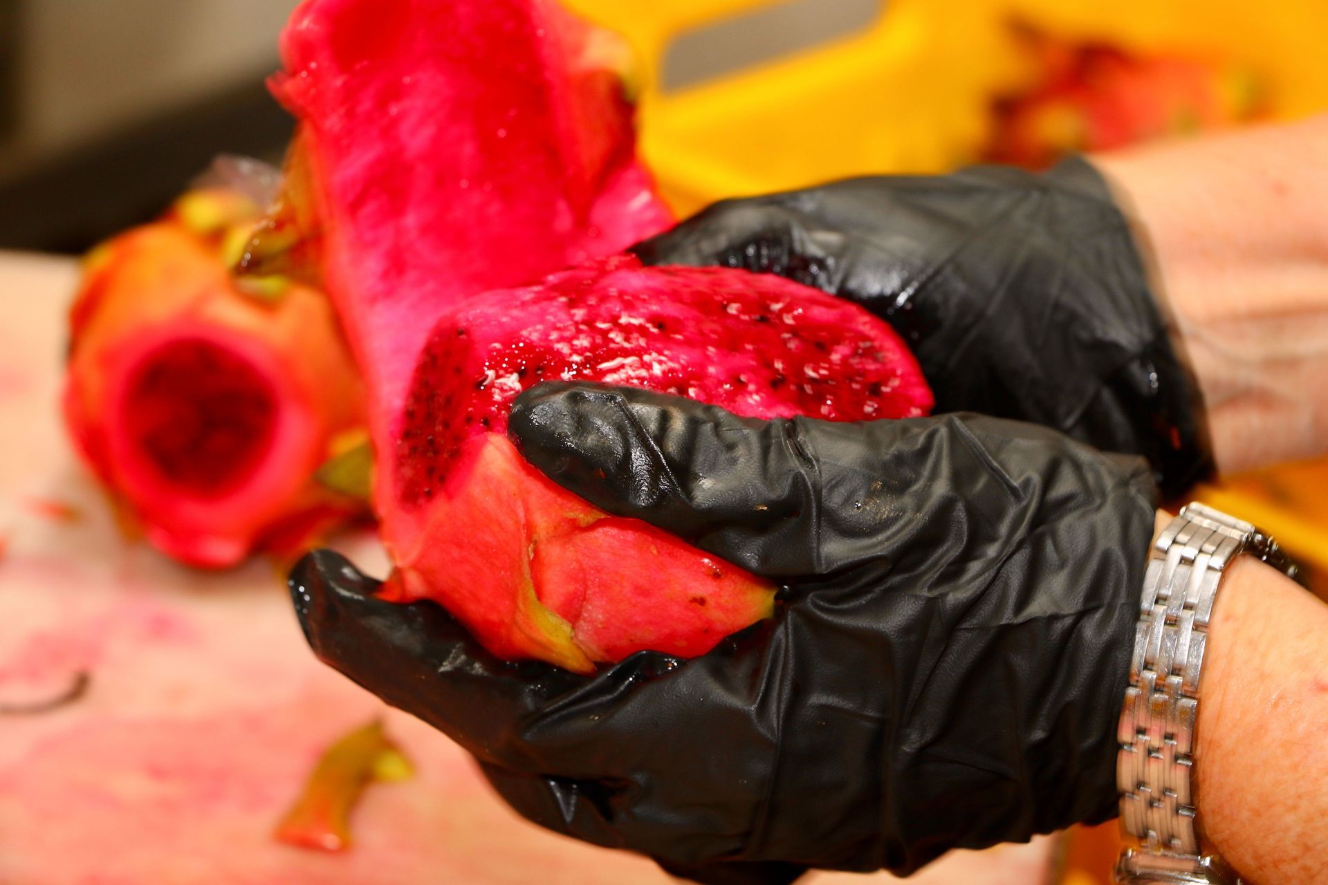 A Person Wearing Black Gloves is Holding a Pomegranate in Their Hands — Mareeba Golden Dried Mangoes in Mareeba, QLD