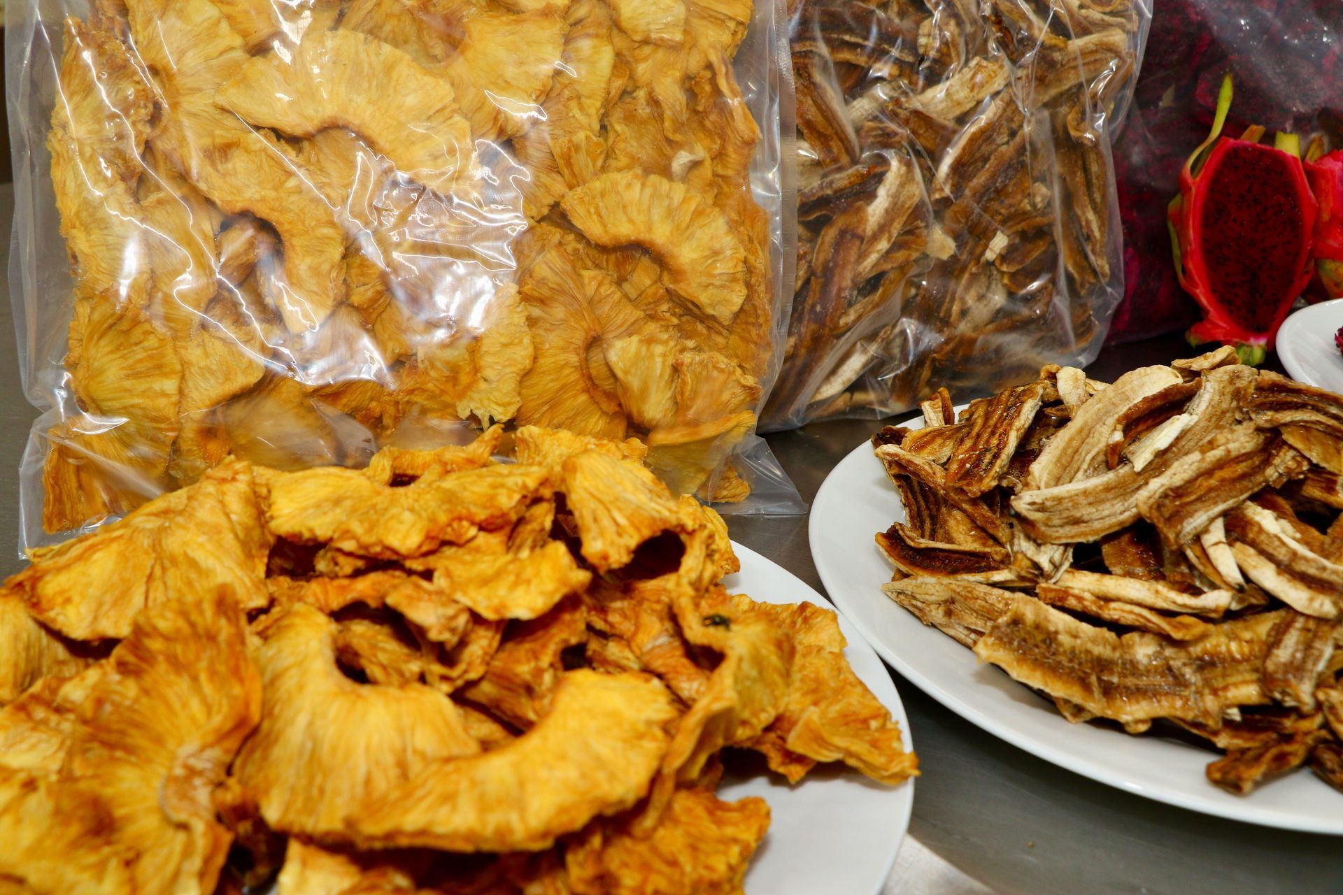 Dried Pineapple and Banana on a plate — Mareeba Golden Dried Mangoes in Mareeba, QLD