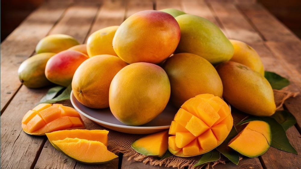 A Bunch of Mangoes on a Plate on a Wooden Table — Mareeba Golden Dried Mangoes in Brisbane, QLD