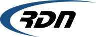 The logo for RDN, with the letters in bold black text set inside a blue arc.