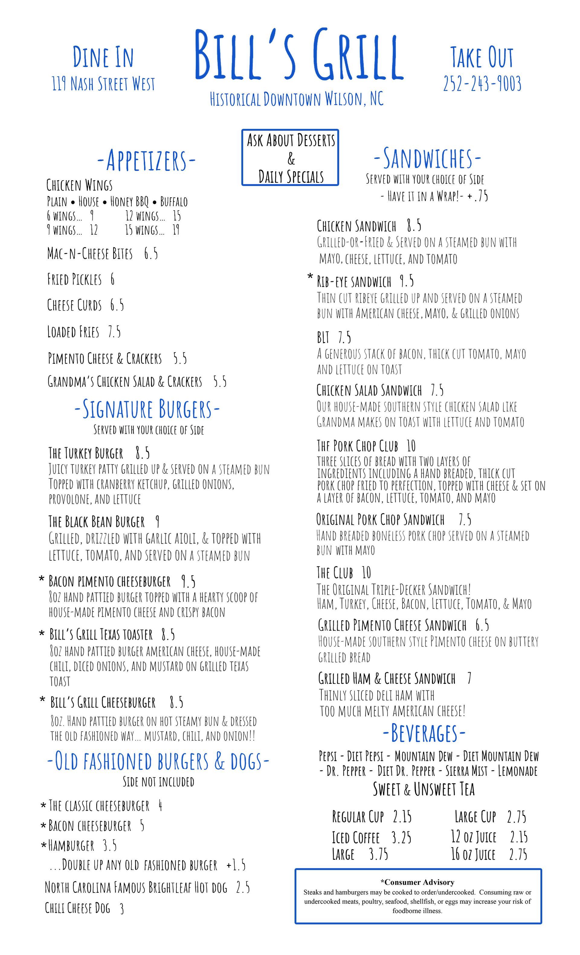 Bill's Grill Wilson, NC Menu