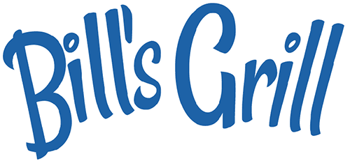 A blue logo for bill 's grill on a white background