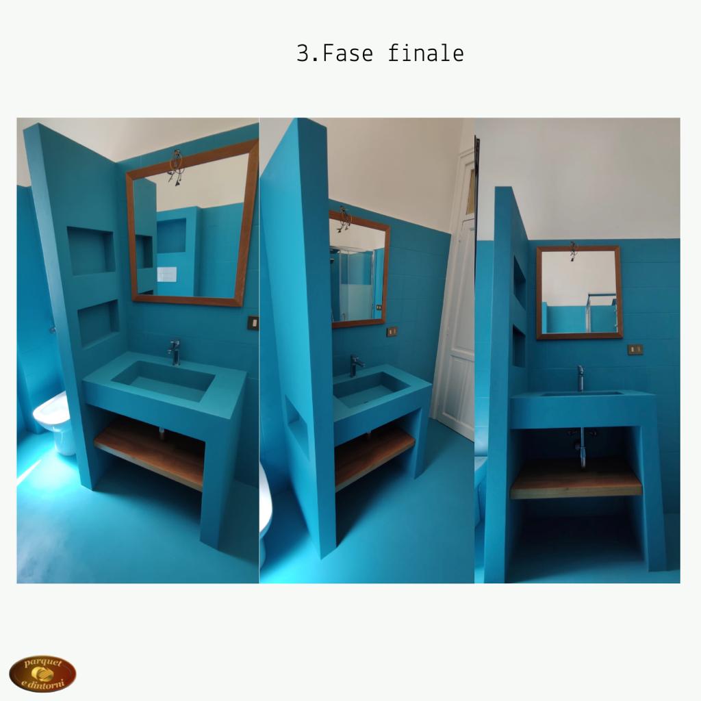 Un bagno con pareti blu, lavandino e specchio