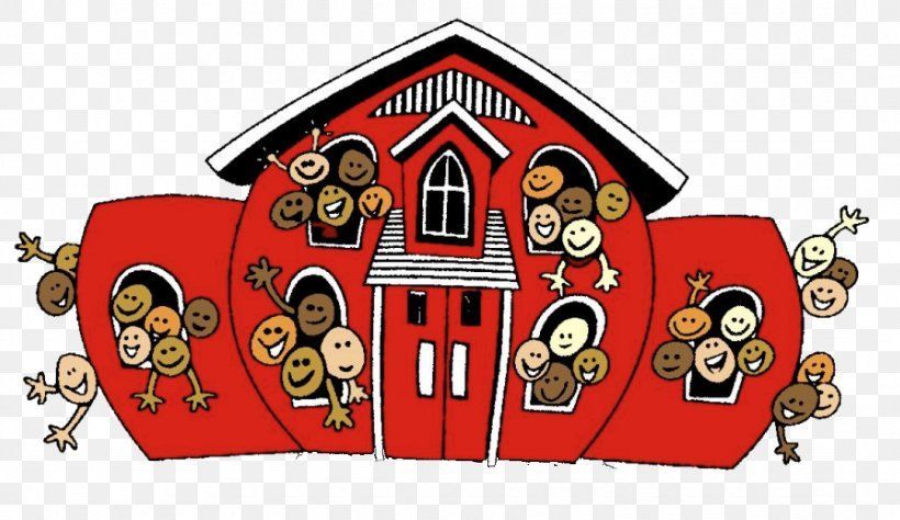 A cartoon drawing of a red house with smiley faces on it