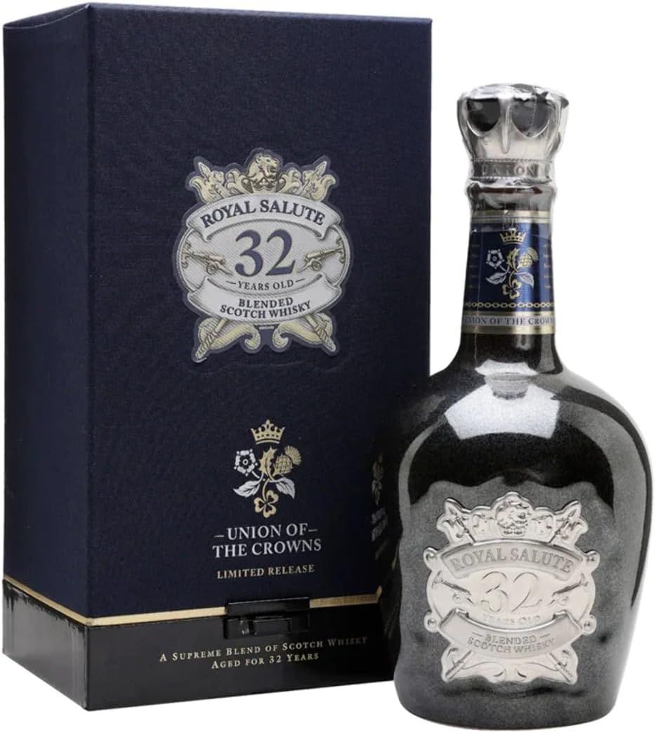 A bottle of royal salute 32 next to a box