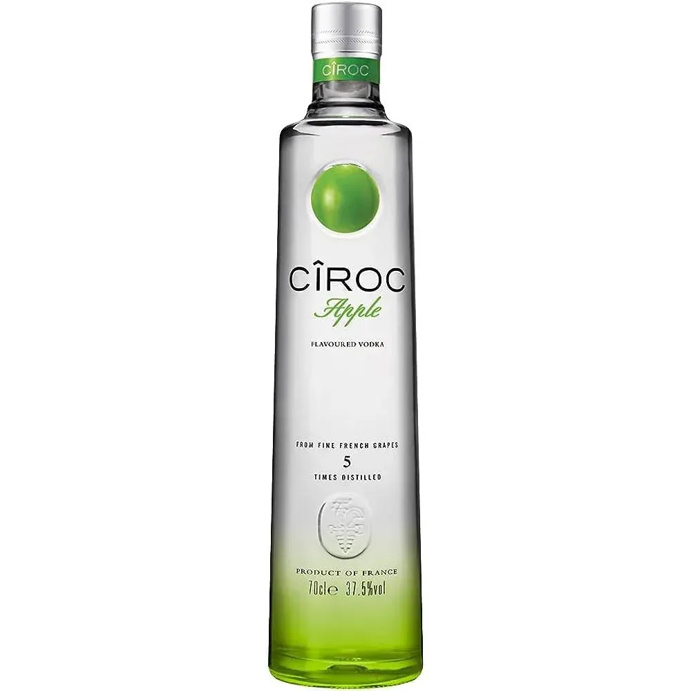 A bottle of ciroc apple vodka on a white background.