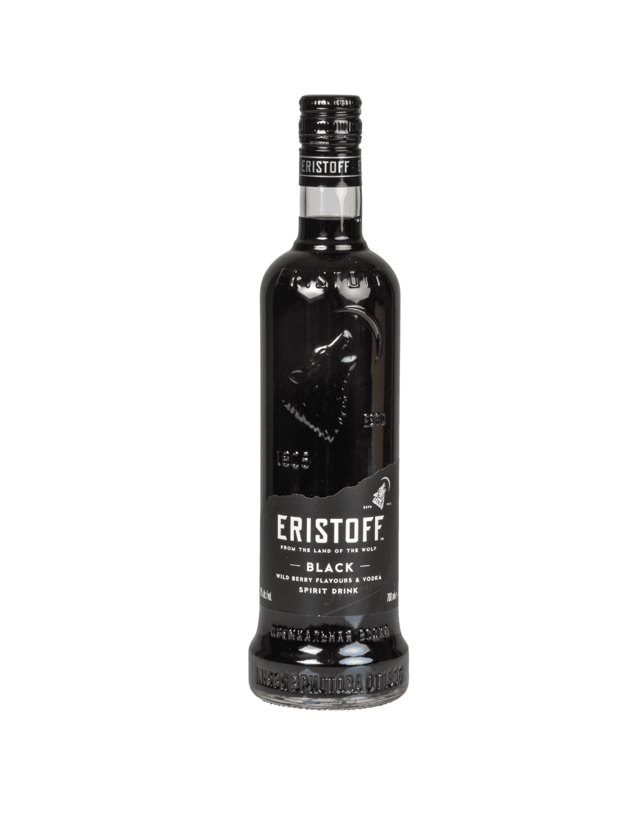 A bottle of Eristoff Black vodka, featuring a dark glass bottle with a wolf emblem and white branding.