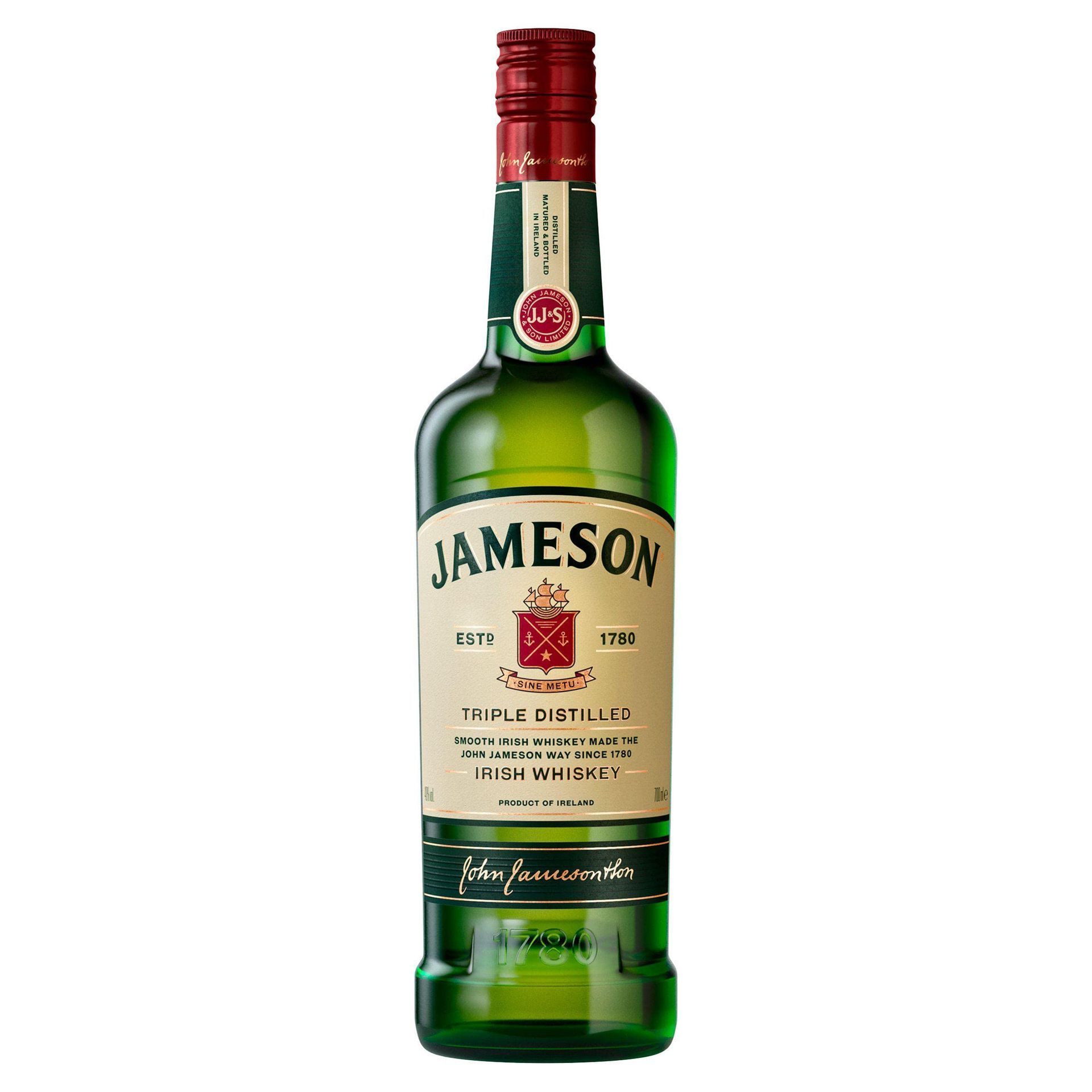 A bottle of jameson irish whiskey with a red cap