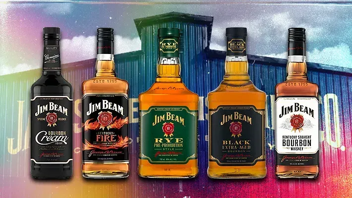 Five bottles of jim beam whiskey are lined up in front of a building.