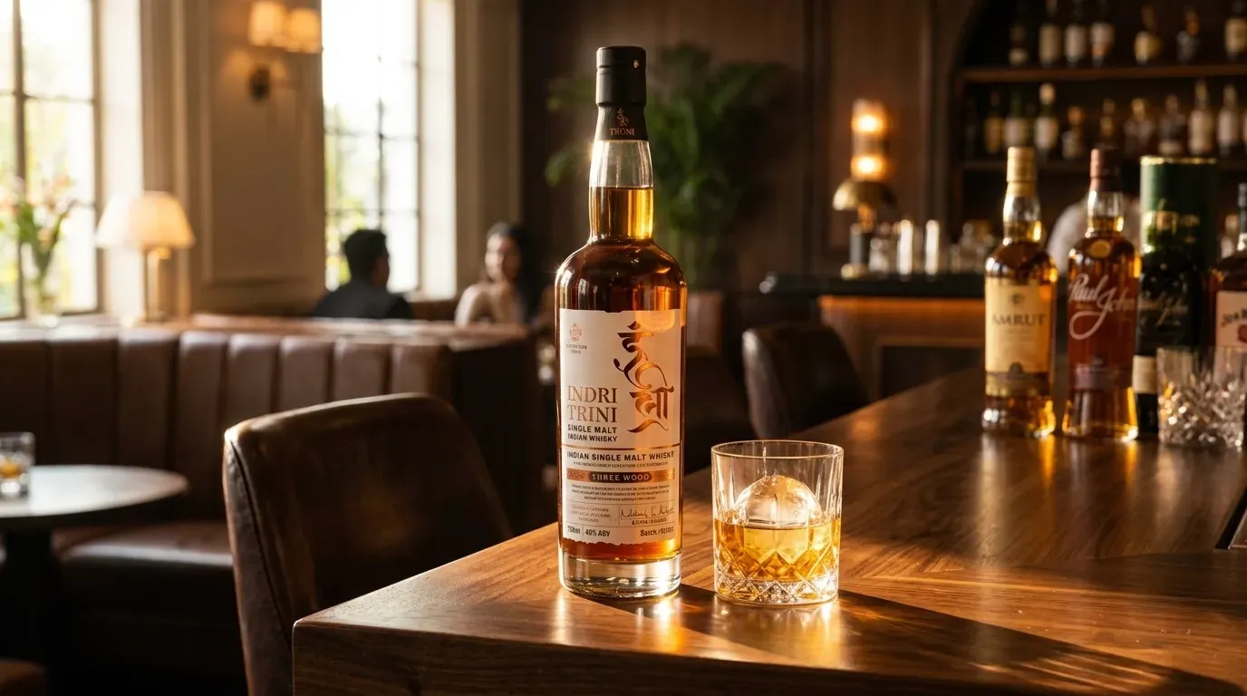 A bottle of Japanese whisky and a glass with an ice sphere stand on a dark wooden bar in a dimly lit, upscale lounge.