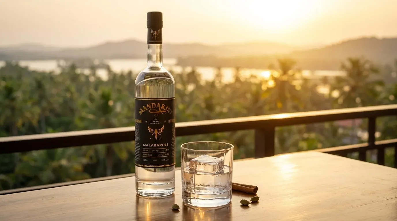 A bottle of spirits and a glass with ice on a wooden table at sunset, overlooking a landscape of trees and water.