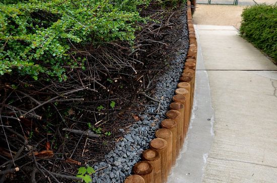 wood retaining walls beside the walkway