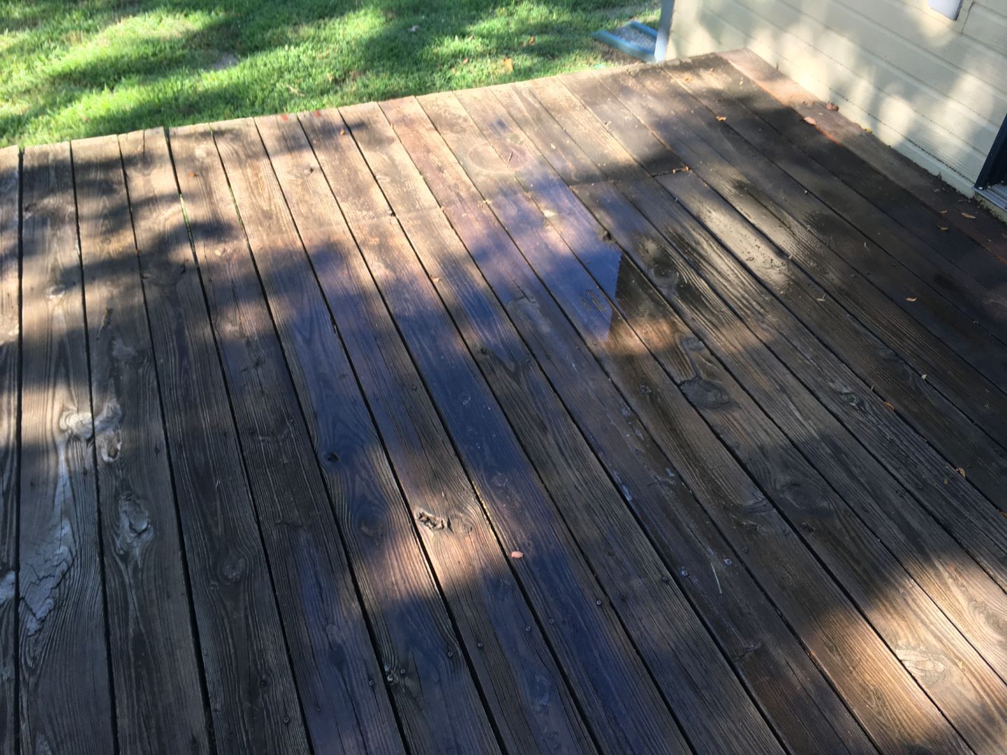 A wooden deck with a shadow of a tree on it.