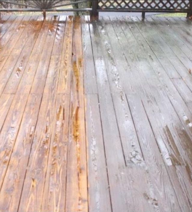 A before and after picture of a wooden deck.
