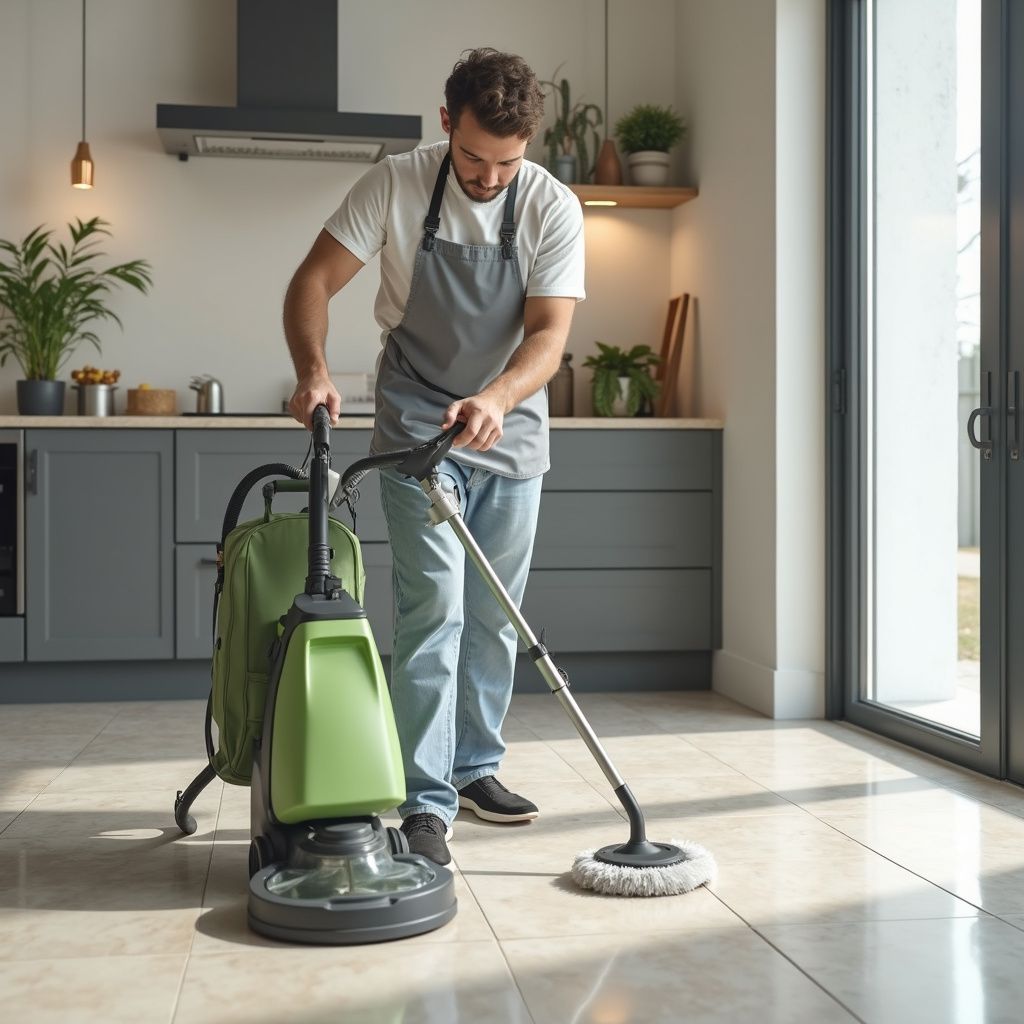 Man using a green floor cleaner in a kitchen. He wears an apron, jeans, and sneakers.