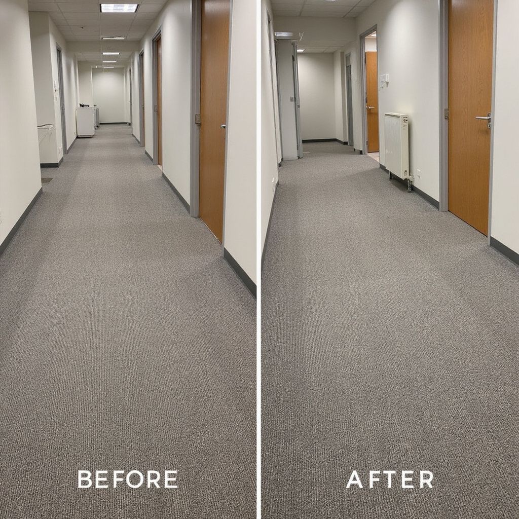 Comparison: Before and after view of a hallway with gray carpet, doors, and white walls. Carpet appears cleaner in the 
