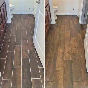 Two views of a narrow bathroom floor with brown wood-look tile.