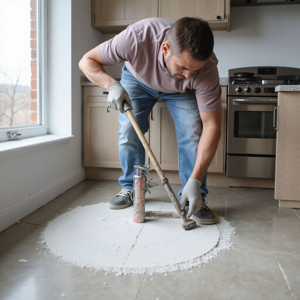 Man using a tool to remove a circular area of flooring in a kitchen. Gray gloves, jeans, light-colored cabinets.