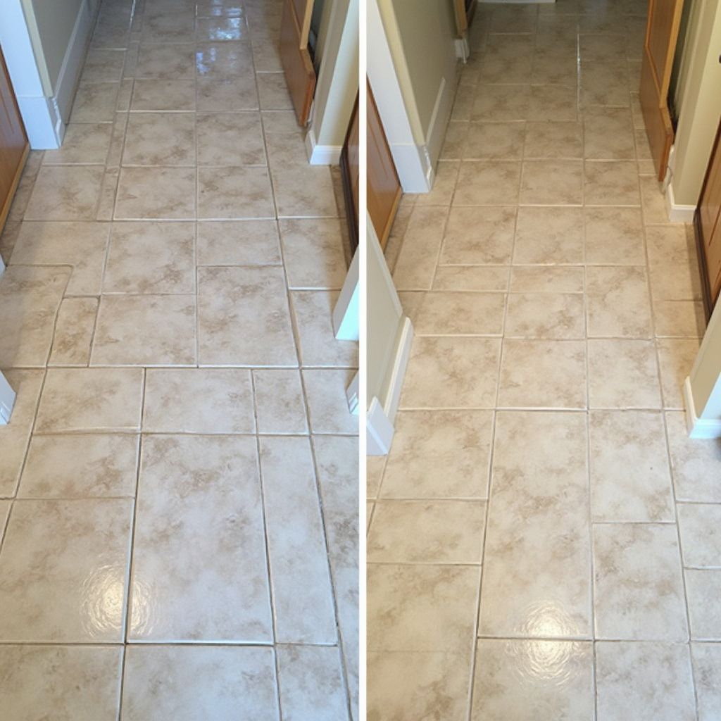 Hallway floor before and after cleaning; beige tile with visible dirt and then sparkling clean.