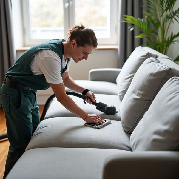 Person cleans a gray couch with a handheld upholstery cleaner in a living room.