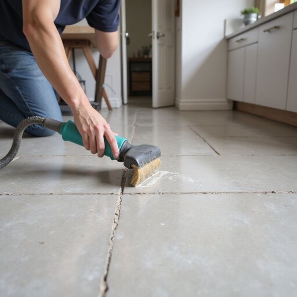 Person kneeling, scrubbing a dirty, tiled floor with a brush. Interior shot of a kitchen.