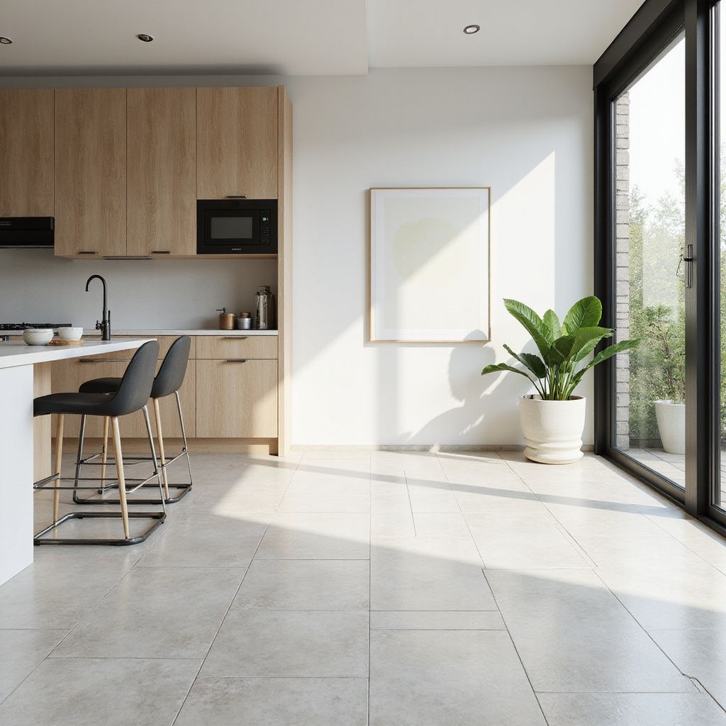 Modern kitchen with light wood cabinets, stainless steel appliances, and large windows.